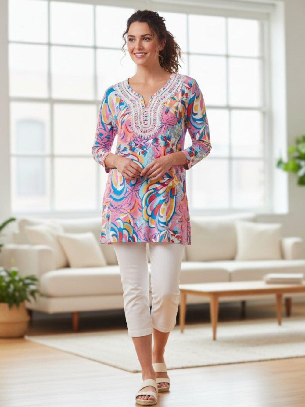 Talbots XL Knit Top Colorful Floral Lace Crochet Boho Cottage Whimsy Artsy